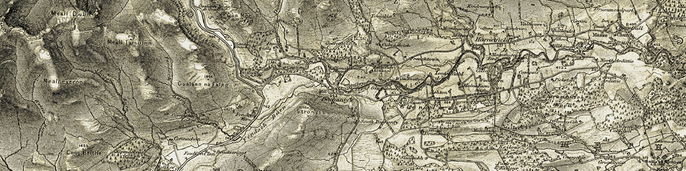 Old map of Buchanty Burn in 1907-1908