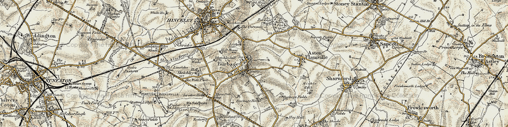 Old map of Burbage in 1901-1902