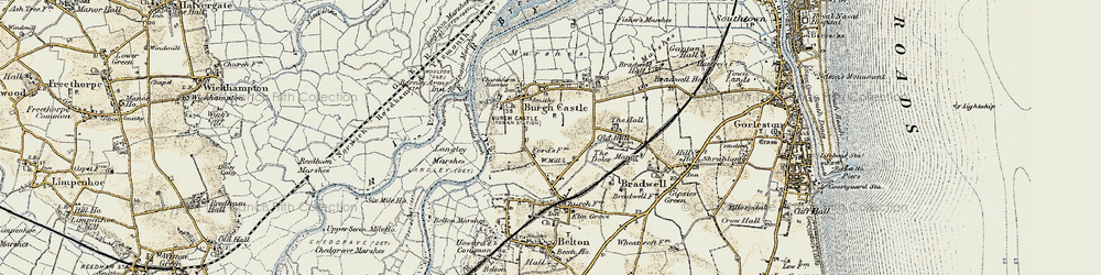 Old map of Burgh Castle Marshes in 1901-1902