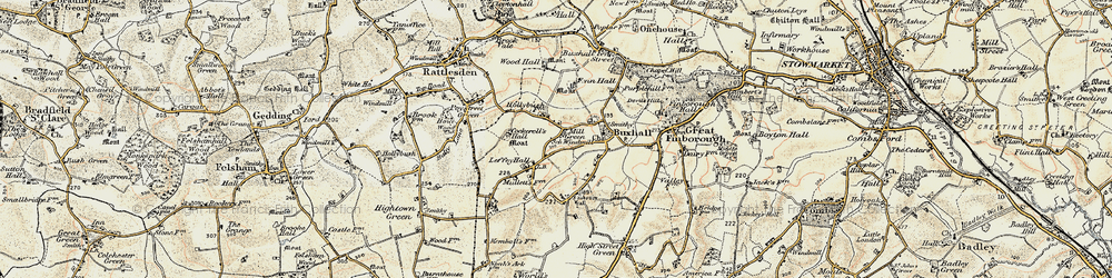 Old map of Buxhall in 1899-1901