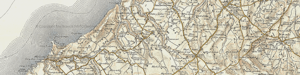 Old map of Afon Ffynnon-Ddewi in 1901-1903