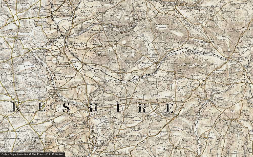 Old Map of Historic Map covering Afon Glan-rhyd in 1901-1912