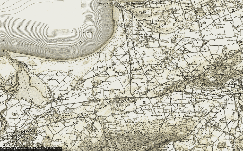Old Map of Historic Map covering Alves Wood in 1910-1911