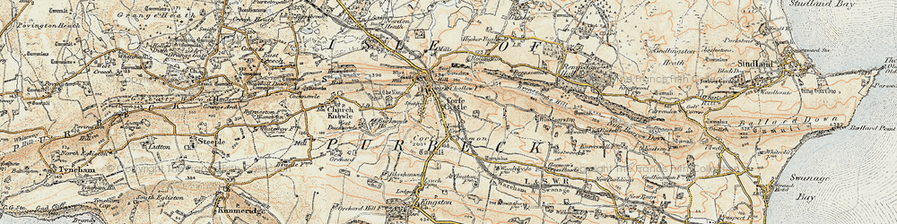 Old map of Corfe Castle in 1899-1909
