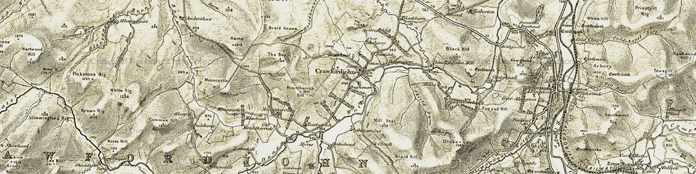 Old map of Braidknowe Burn in 1904-1905