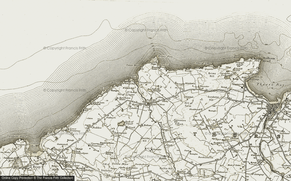 Old Map of Historic Map covering Bridge of Forss in 1912