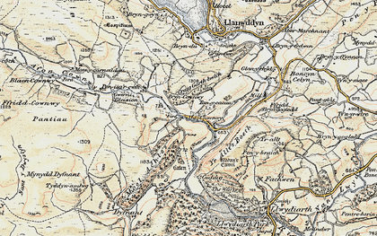 Old map of Afon Cownwy in 1902-1903