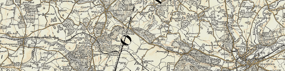 Old map of Digswell Water in 1898-1899