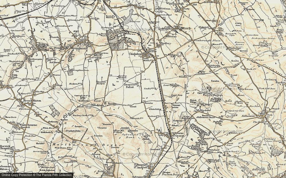 Old Map of Historic Map covering Burderop Down in 1897-1899