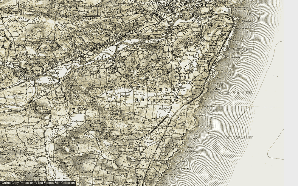 Old Map of Historic Map covering Auchlunies in 1908-1909
