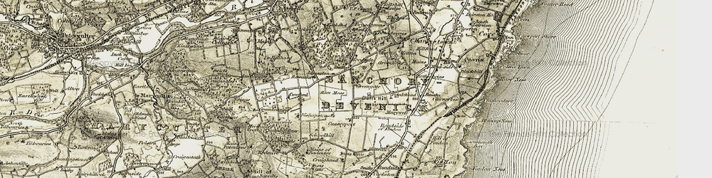 Old map of Auchlunies in 1908-1909