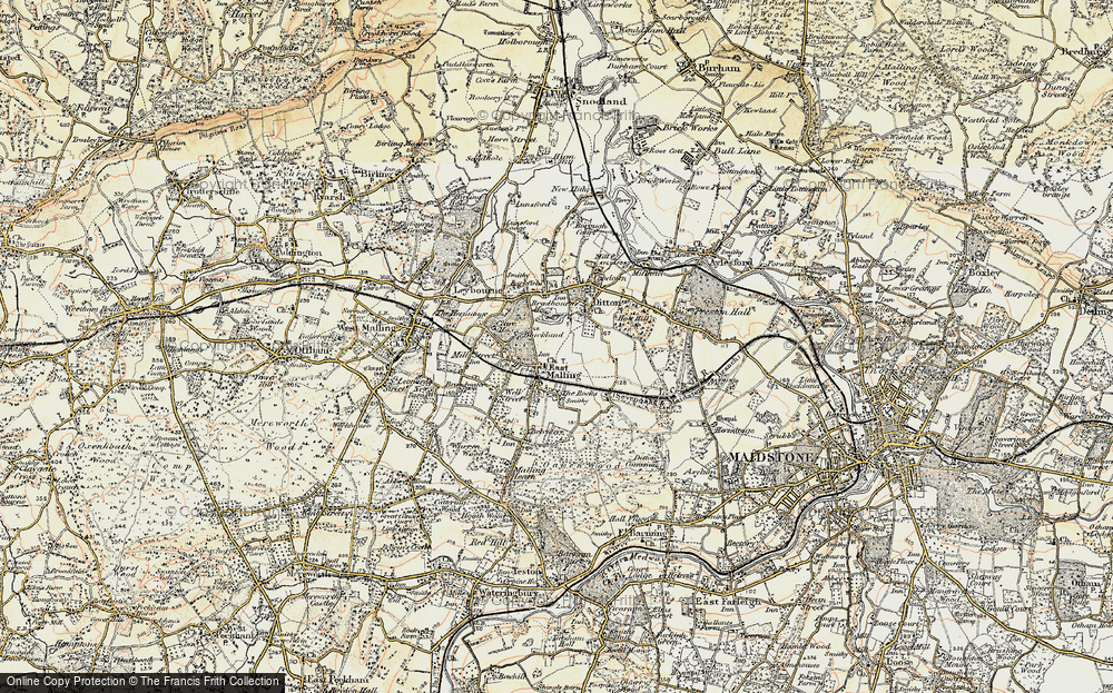 Old Map of Historic Map covering Bradbourne Ho in 1897-1898