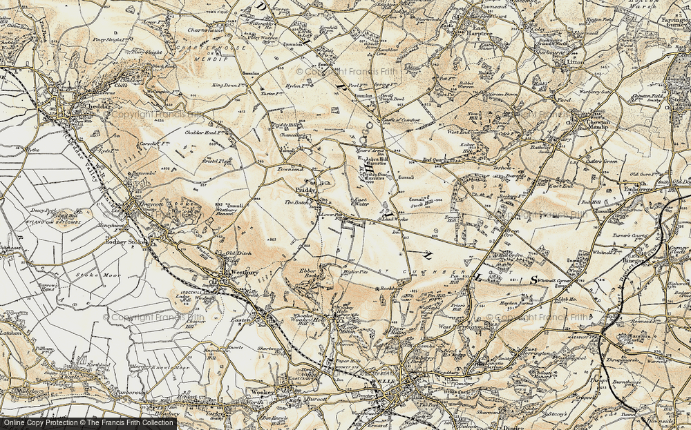 Old Map of Historic Map covering Priddy Nine Barrows in 1899