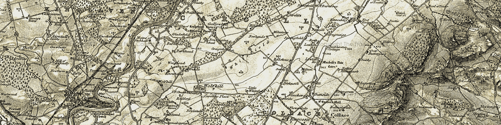 Old map of Burrelton Burn in 1907-1908