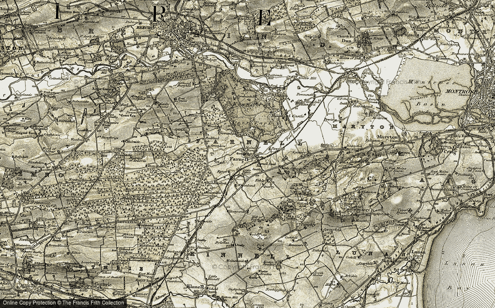 Old Map of Historic Map covering Kinnaird Castle in 1907-1908