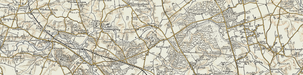 Old map of Felthorpe in 1901-1902