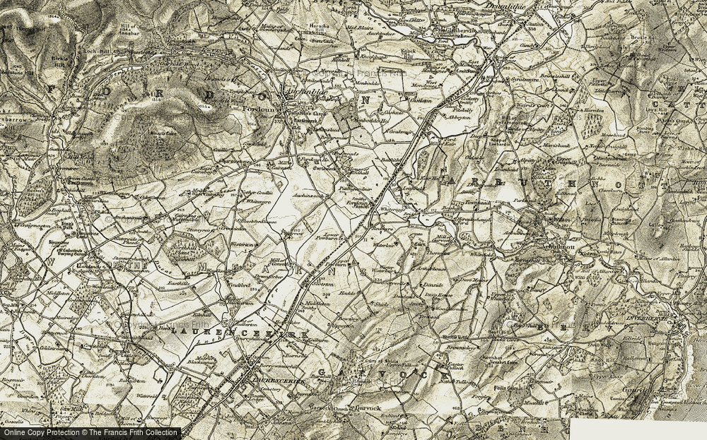 Old Map of Historic Map covering Bridge of Kair in 1908-1909