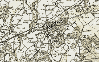 Old map of Forres in 1910-1911