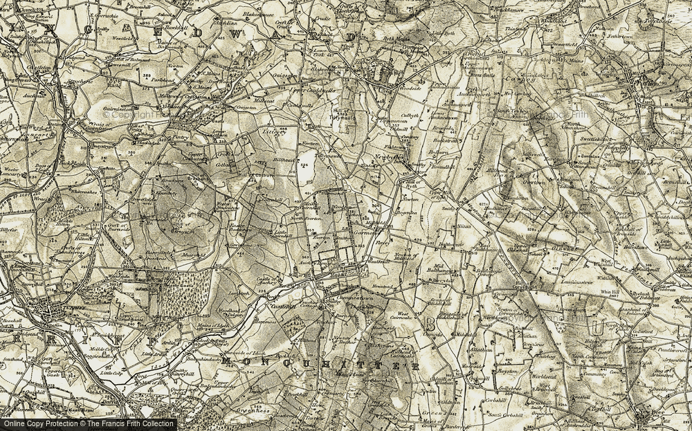 Old Map of Historic Map covering Burn of Monquhitter in 1909-1910