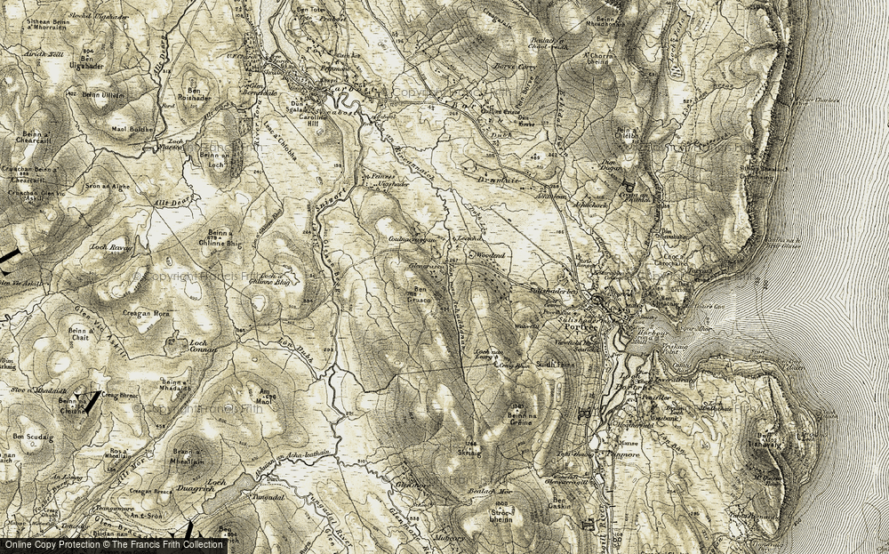 Old Map of Historic Map covering Ben Grasco in 1908-1909