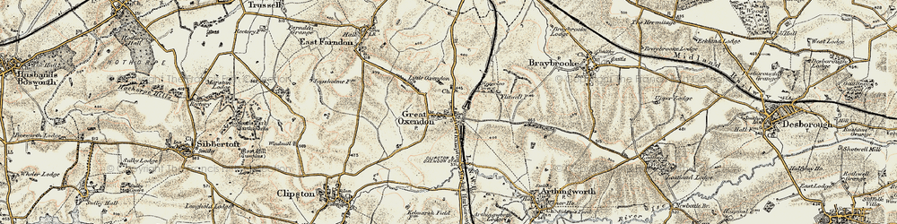 Old map of Great Oxendon in 1901-1902
