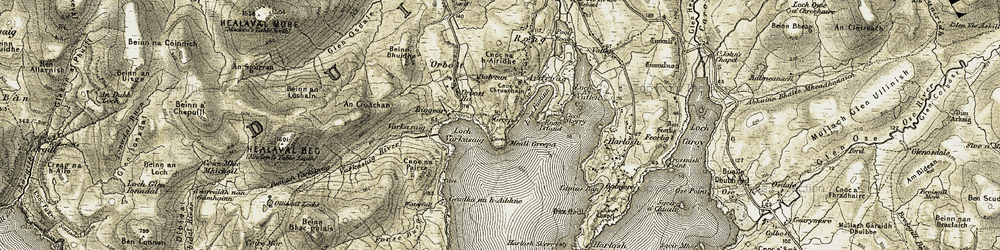 Old map of Abhainn Bharcasaig in 1908-1911