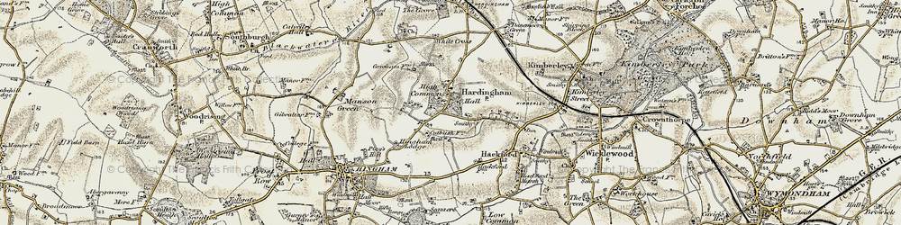 Old map of Hardingham in 1901-1902