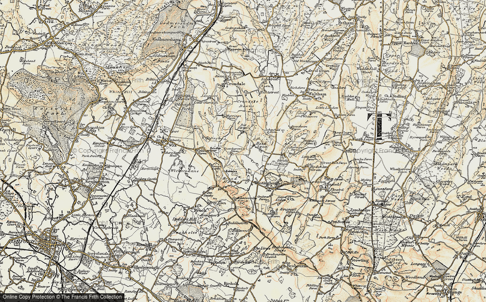 Old Map of Historic Map covering Wye Downs in 1897-1898