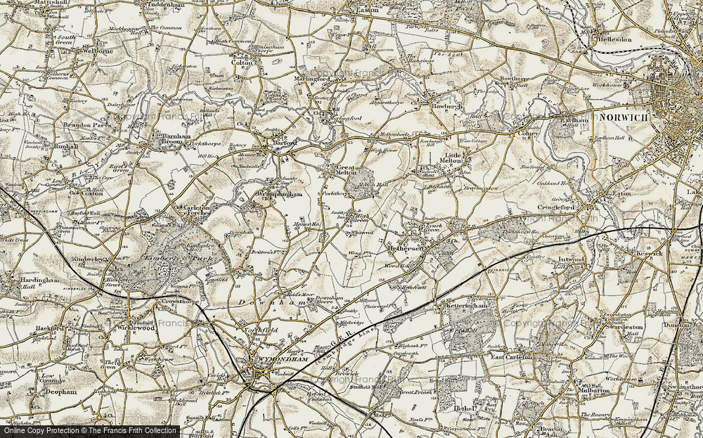 Old Map of Historic Map covering Great Melton in 1901-1902