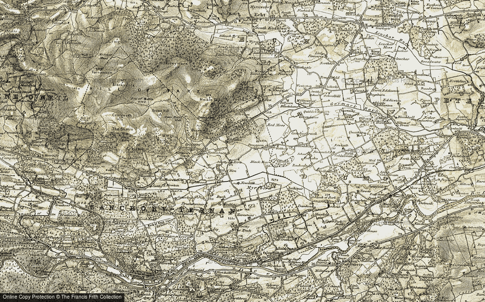Old Map of Historic Map covering Burn of Corrichie in 1908-1909