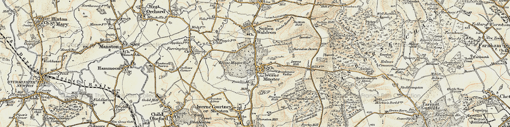 Old map of Iwerne Minster in 1897-1909