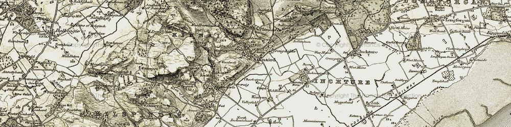 Old map of Kinnaird in 1907-1908