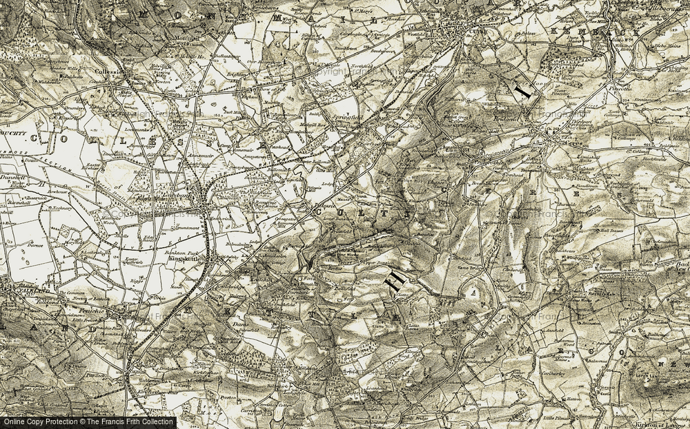 Old Map of Historic Map covering Downfield in 1906-1908