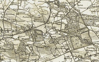 Old map of Kirkton of Monikie in 1907-1908