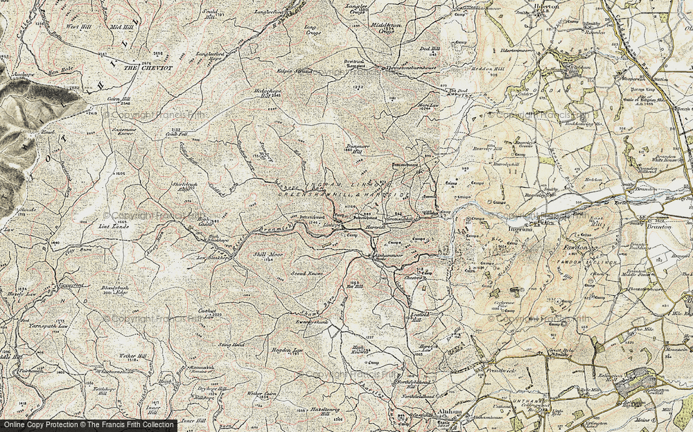 Old Map of Historic Map covering Linhope Spout in 1901-1903