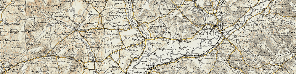 Old map of Llanwnnen in 1901-1902