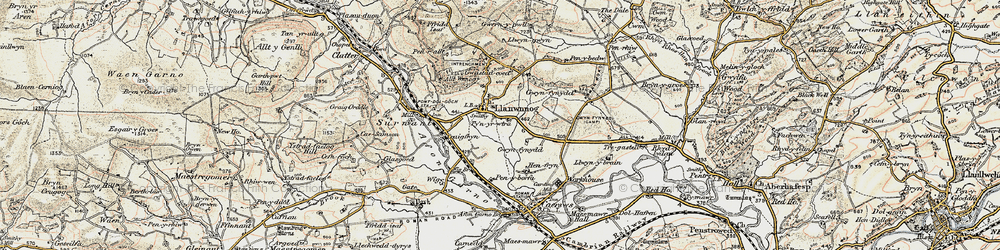 Old map of Llanwnog in 1902-1903