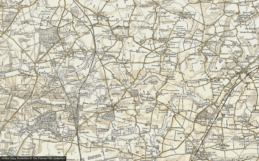 Old Map of Historic Map covering Breckles Hall in 1901-1902
