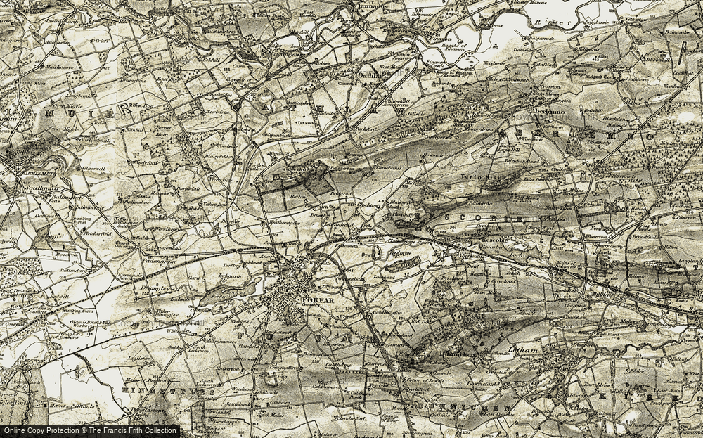 Old Map of Historic Map covering Pitscandly in 1907-1908
