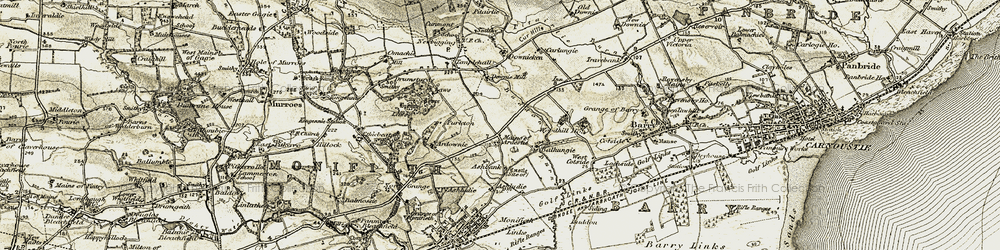 Old map of Mains of Ardestie in 1907-1908