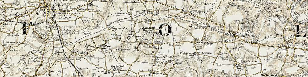 Old map of Mattishall in 1901-1902