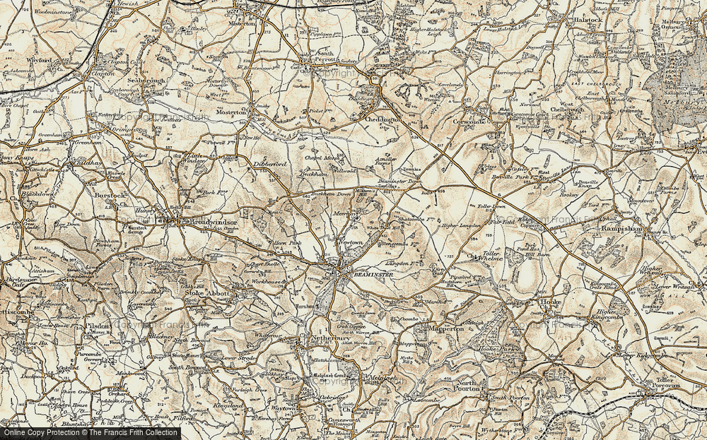 Old Map of Historic Map covering Beaminster Down in 1898-1899