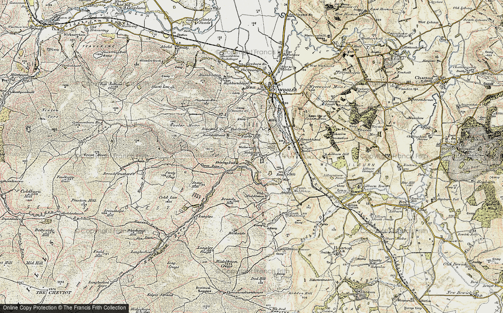 Old Map of Historic Map covering Wooler Common in 1901-1903