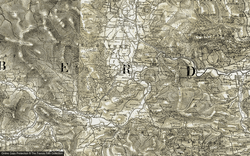 Old Map of Milltown of Kildrummy, 1908-1910 in 1908-1910