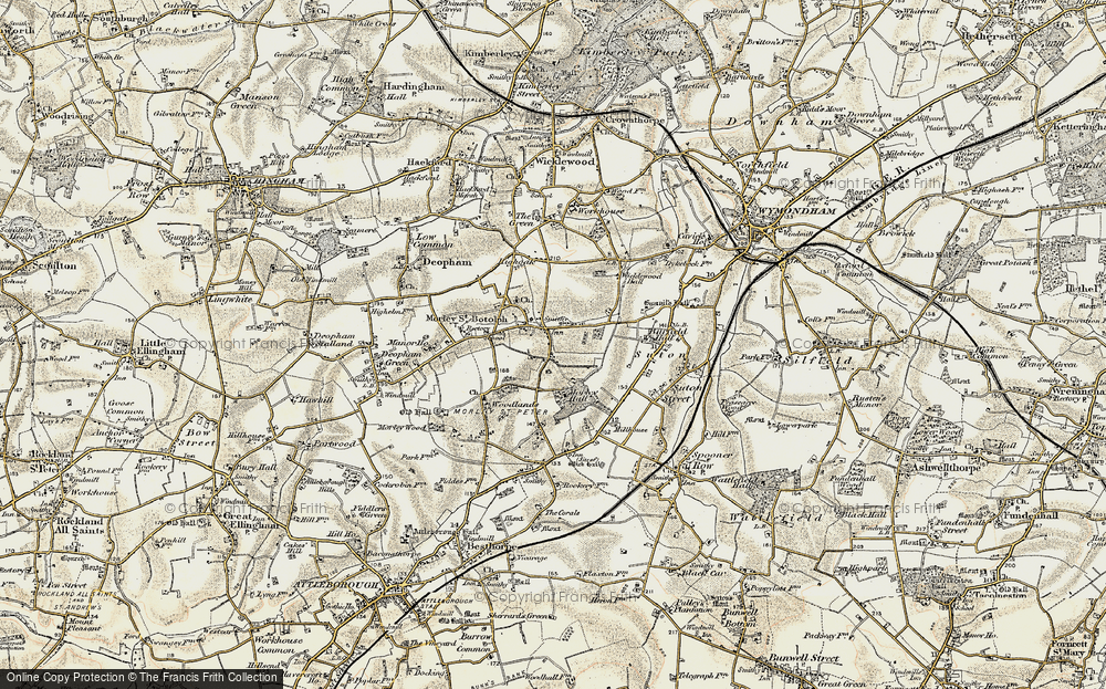 Old Map of Historic Map covering Wymondham College in 1901-1902