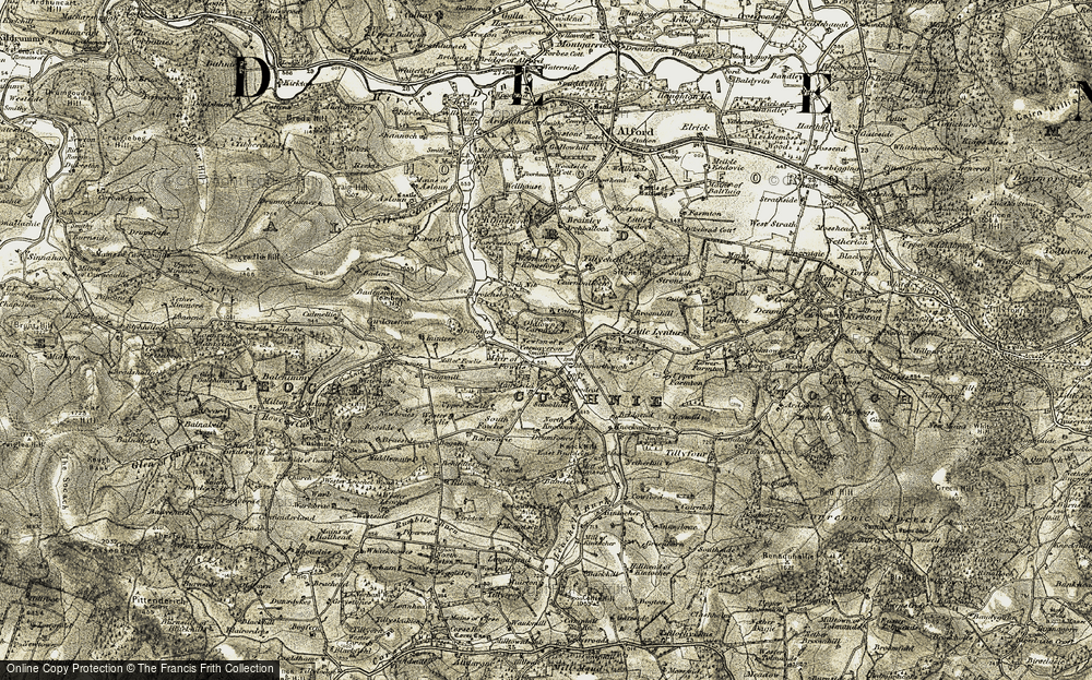 Old Map of Historic Map covering Leochel Burn in 1908-1909