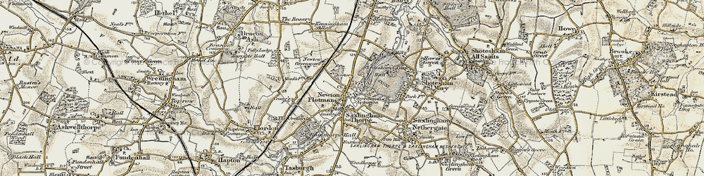 Old map of Newton Flotman in 1901-1902