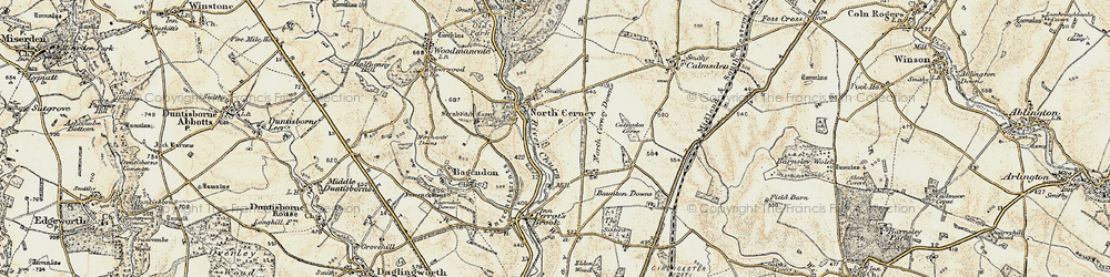 Old map of North Cerney Downs in 1898-1899