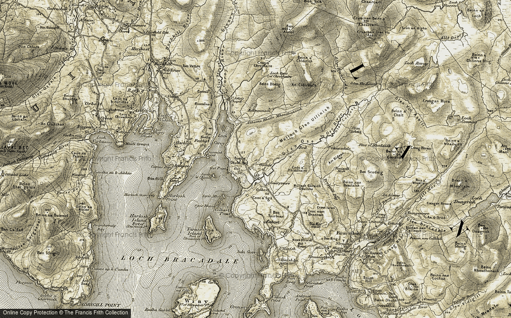 Old Map of Historic Map covering Buaile Dubh Àrd in 1908-1909