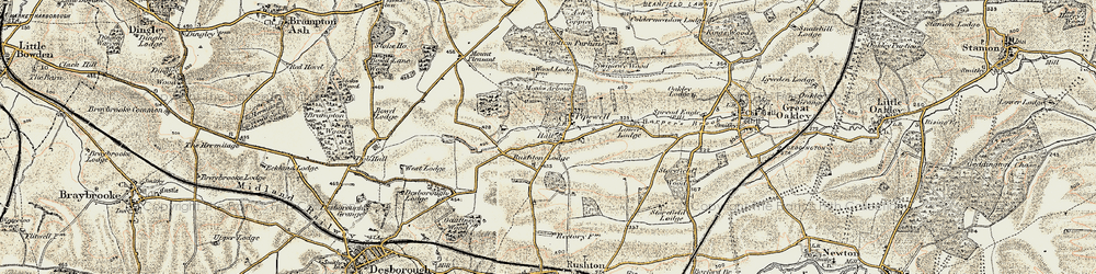 Old map of Pipewell in 1901-1902